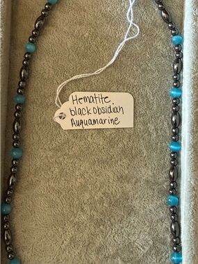 Hand Crafted Hematite and Aquamarine Beaded Necklace